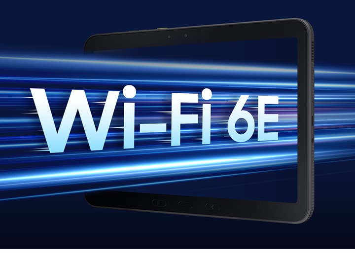 Galaxy Tab Active5 Pro sa vznáša vo vzduchu, mierne naklonený doľava, so svetelnými pruhmi v pozadí. Nad svetlami sa zobrazuje Wi-Fi 6E, ktoré predstavuje rýchle a spoľahlivé bezdrôtové pripojenie.