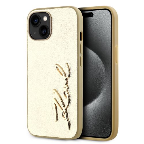 Karl Lagerfeld Wrinkled PU Signature Logo Zadní Kryt pre iPhone 15 Gold