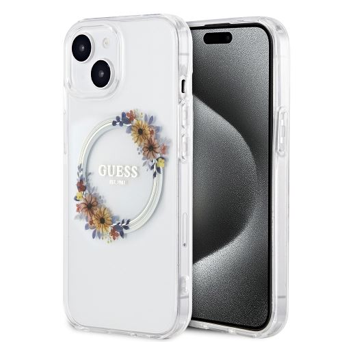 Guess PC/TPU Flowers Ring Glossy Logo MagSafe Zadní Kryt pre iPhone 15 Plus Transparent