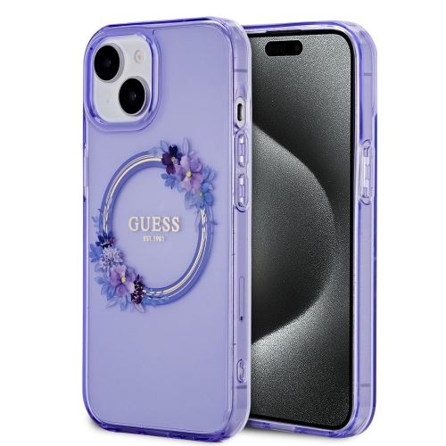 Guess PC/TPU Flowers Ring Glossy Logo MagSafe Zadní Kryt pre iPhone 15 Purple