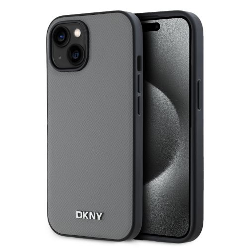 DKNY PU Leather Silver Metal Logo Magsafe Zadní Kryt pre iPhone 15 Grey