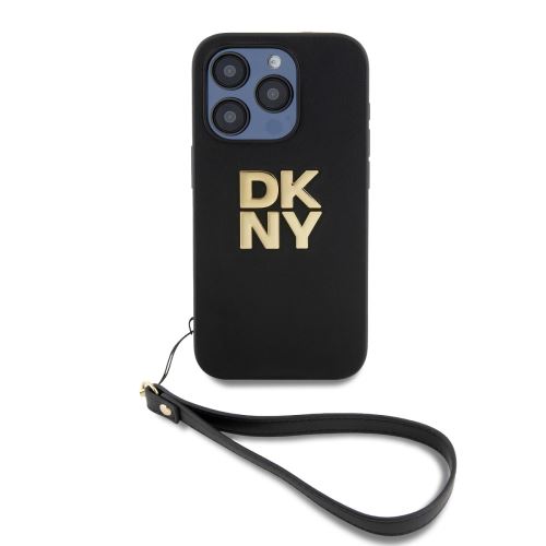 DKNY PU Leather Stack Logo Wrist Strap Zadní Kryt pre iPhone 14 Pro Max Black