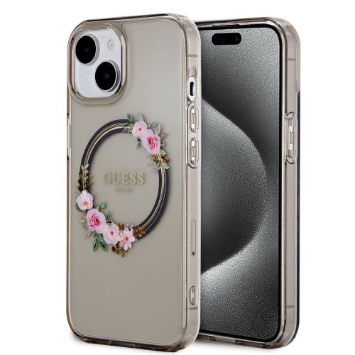 Guess PC/TPU Flowers Ring Glossy Logo MagSafe Zadní Kryt pre iPhone 15 Black