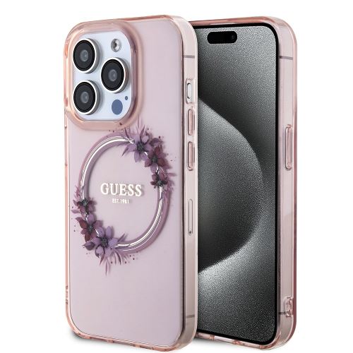 Guess PC/TPU Flowers Ring Glossy Logo MagSafe Zadní Kryt pre iPhone 15 Pro Max Pink