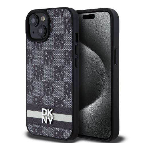 DKNY PU Leather Checkered Pattern and Stripe Zadní Kryt pre iPhone 15 Black