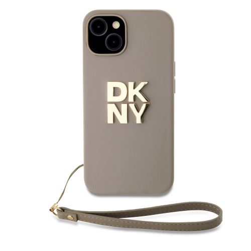 DKNY PU Leather Stack Logo Wrist Strap Zadní Kryt pre iPhone 15 Beige