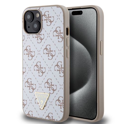 Guess PU Leather 4G Triangle Metal Logo Zadní Kryt pre iPhone 15 White
