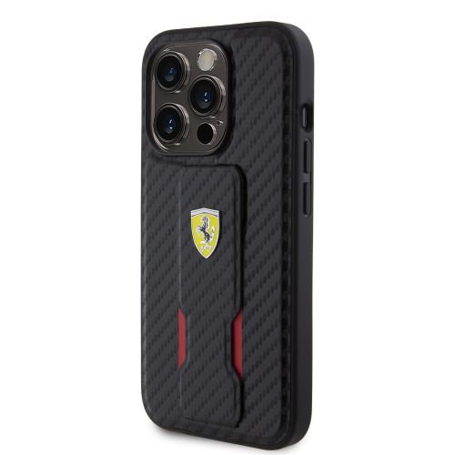 Ferrari Carbon Grip Stand Zadní Kryt pre iPhone 15 Pro Black