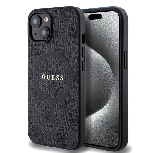 Guess PU Leather 4G Colored Ring MagSafe Zadní Kryt pre iPhone 15 Black