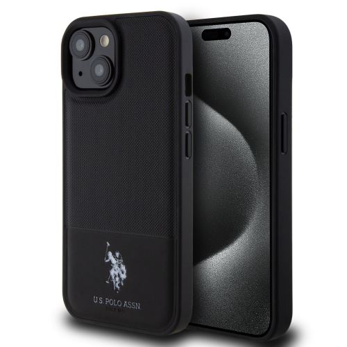 U.S. Polo PU Leather Mesh Pattern Double Horse Zadní Kryt pre iPhone 15 Black