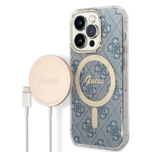 Guess 4G MagSafe Kompatibilní Zadní Kryt + Bezdrátová Nabíječka pro iPhone 14 Pro Blue