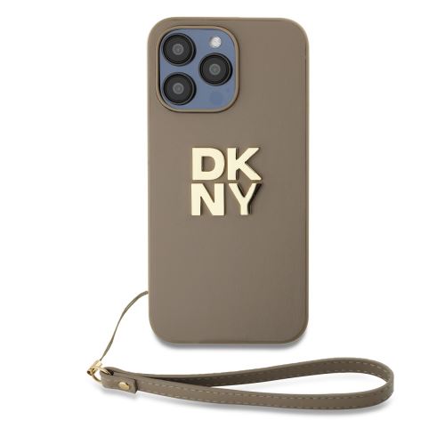 DKNY PU Leather Stack Logo Wrist Strap Zadní Kryt pre iPhone 15 Pro Max Beige