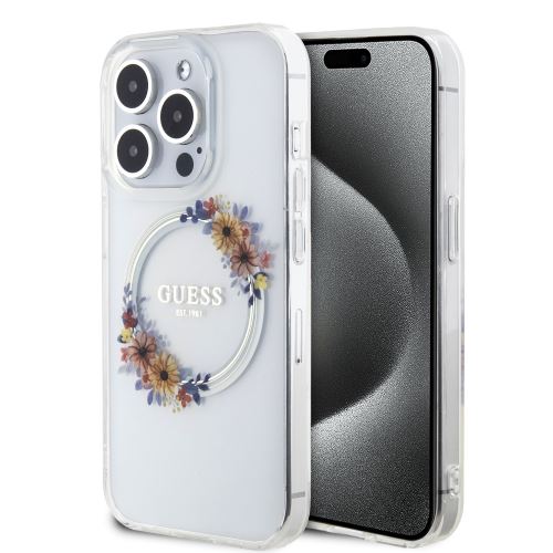 Guess PC/TPU Flowers Ring Glossy Logo MagSafe Zadní Kryt pre iPhone 14 Pro Max Transparent