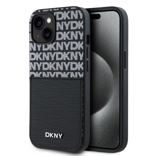 DKNY PU Leather Repeat Pattern Card Pocket Zadní Kryt pre iPhone 14 Black