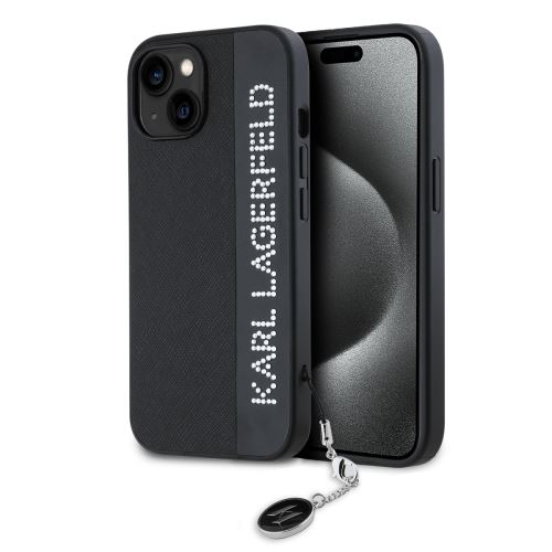 Karl Lagerfeld PU Saffiano Rhinestone Charm Zadní Kryt pre iPhone 14 Black