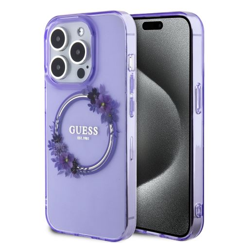 Guess PC/TPU Flowers Ring Glossy Logo MagSafe Zadní Kryt pre iPhone 15 Pro Purple