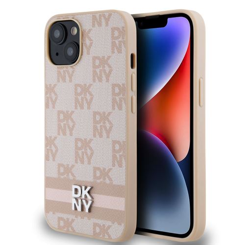 DKNY PU Leather Checkered Pattern and Stripe Zadní Kryt pre iPhone 13 Pink