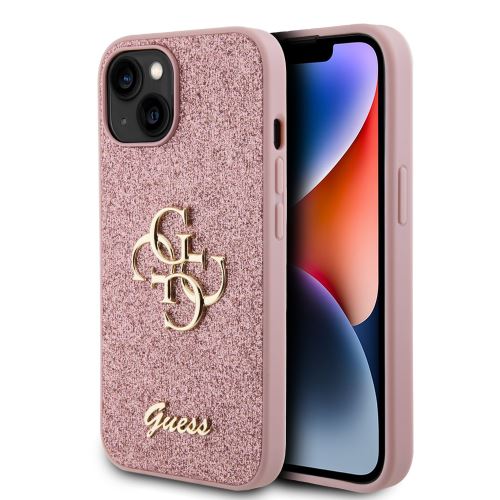 Guess PU Fixed Glitter 4G Metal Logo Zadní Kryt pre iPhone 13 Pink