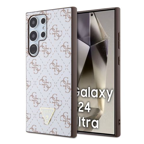 Guess PU Leather 4G Triangle Metal Logo Zadní Kryt pre Samsung Galaxy S24 Ultra White
