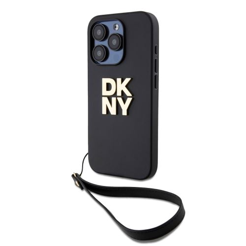 DKNY PU Leather Stack Logo Wrist Strap Zadní Kryt pre iPhone 15 Pro Black