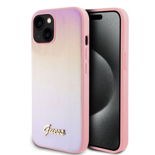 Guess PU Leather Iridescent Metal Script Zadní Kryt pre iPhone 15 Pink
