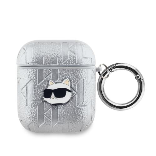 Karl Lagerfeld PU Embossed Choupette Head puzdro pre AirPods 1/2 Silver