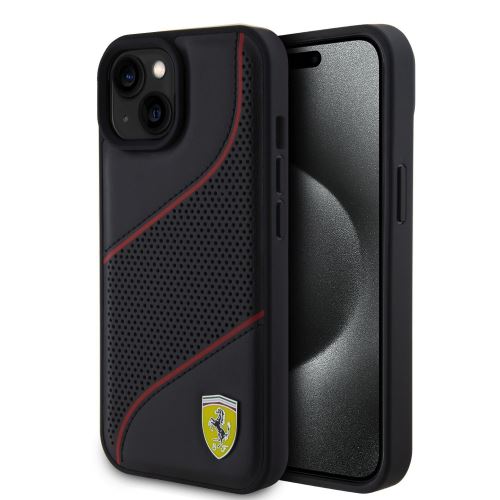 Ferrari PU Leather Perforated Slanted Line Zadní Kryt pre iPhone 15 Black