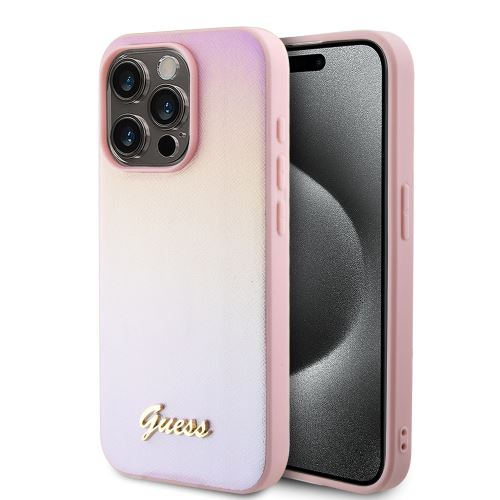 Guess PU Leather Iridescent Metal Script Zadní Kryt pre iPhone 15 Pro Pink