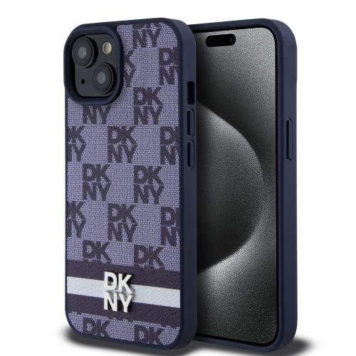 DKNY PU Leather Checkered Pattern and Stripe Zadní Kryt pre iPhone 15 Blue