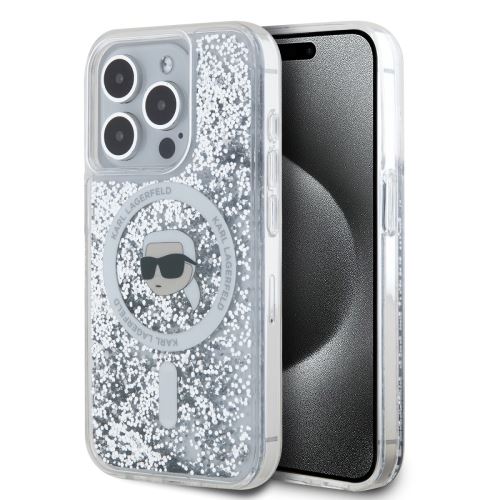 Karl Lagerfeld Liquid Glitter Karl Head MagSafe Zadní Kryt pre iPhone 15 Pro Transparent