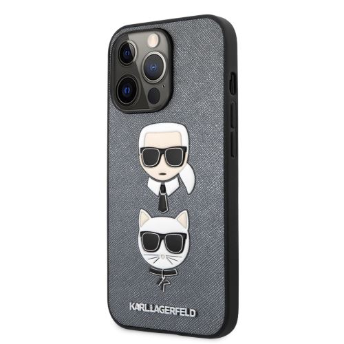 Karl Lagerfeld PU Saffiano Karl and Choupette Heads Kryt pro Apple iPhone 13 Pro Silver