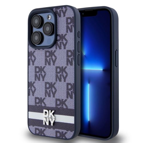 DKNY PU Leather Checkered Pattern and Stripe Zadní Kryt pre iPhone 15 Pro Max Blue