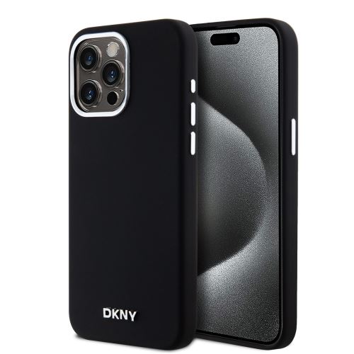 DKNY Liquid Silicone Silver Metal Logo Magsafe Zadní Kryt pre iPhone 15 Pro Max Black