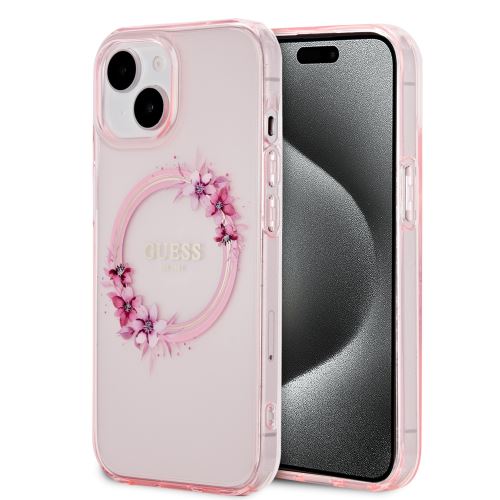 Guess PC/TPU Flowers Ring Glossy Logo MagSafe Zadní Kryt pre iPhone 15 Pink