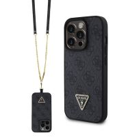 Guess PU 4G Strass Triangle Metal Logo Zadný Kryt + Crossbody Popruh pre iPhone 15 Pro Black
