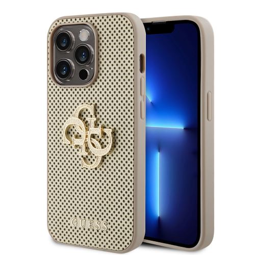 Guess PU Perforated 4G Glitter Metal Logo Zadní Kryt pre iPhone 14 Pro Gold