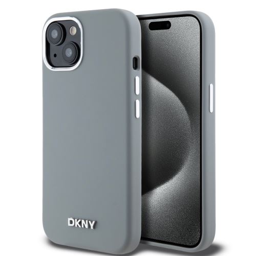 DKNY Liquid Silicone Silver Metal Logo Magsafe Zadní Kryt pre iPhone 15 Grey