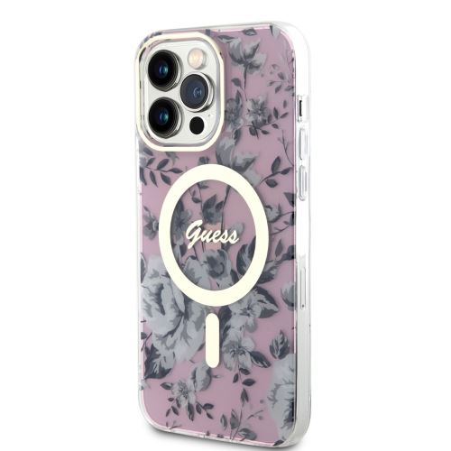 Guess PC/TPU Flowers IML MagSafe Kompatibilní Zadní Kryt pre iPhone 13 Pro Max Pink