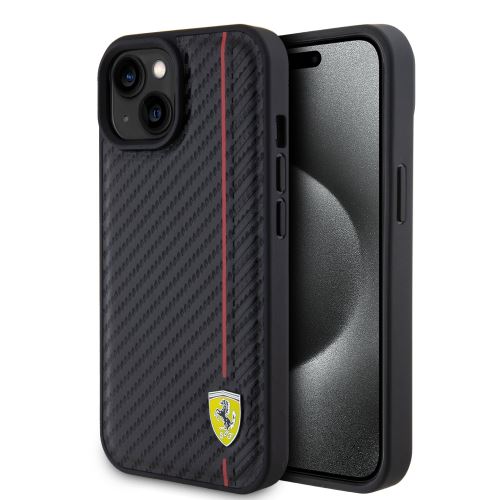 Ferrari PU Leather Carbon Vertical Red Line Zadní Kryt pre iPhone 15 Black