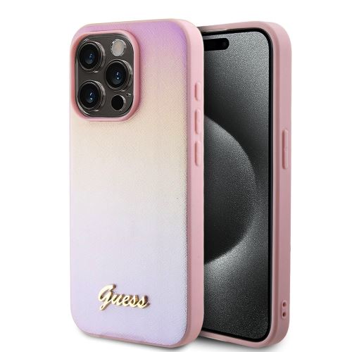 Guess PU Leather Iridescent Metal Script Zadní Kryt pre iPhone 15 Pro Max Pink