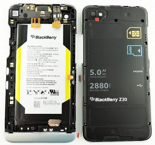 Blackberry Z30 přední/střední kryt + baterie