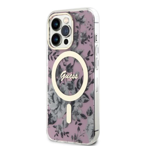 Guess PC/TPU Flowers IML MagSafe Kompatibilní Zadní Kryt pre iPhone 13 Pro Pink