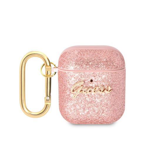 Guess Glitter Flakes Metal Logo puzdro pre AirPods 1/2 Pink