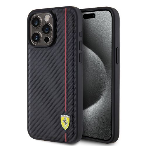 Ferrari PU Leather Carbon Vertical Red Line Zadní Kryt pre iPhone 15 Pro Max Black