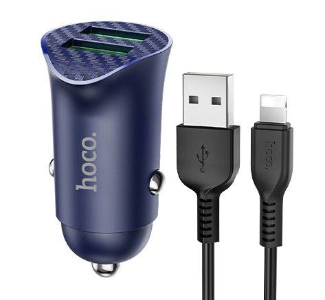 HOCO Z39 Car Charger 2 x USB QC 3.0 18W + Lightning Cable Farsighted Blue