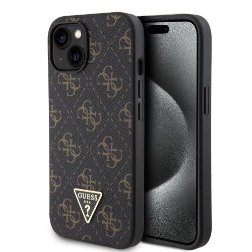 Guess PU Leather 4G Triangle Metal Logo Zadní Kryt pre iPhone 15 Black