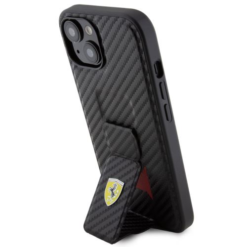 Ferrari Carbon Grip Stand Zadní Kryt pre iPhone 15 Black
