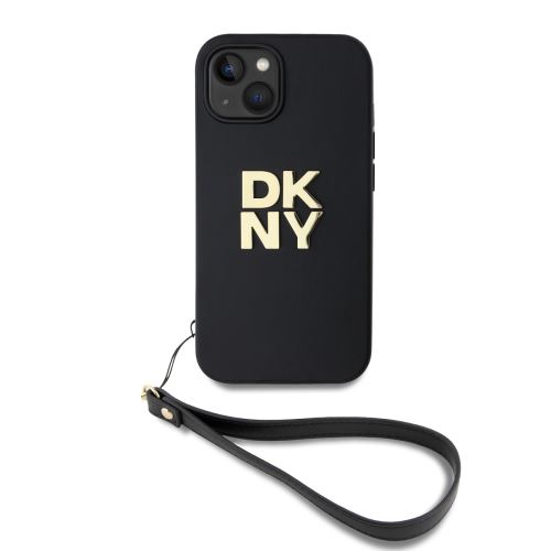 DKNY PU Leather Stack Logo Wrist Strap Zadní Kryt pre iPhone 15 Black