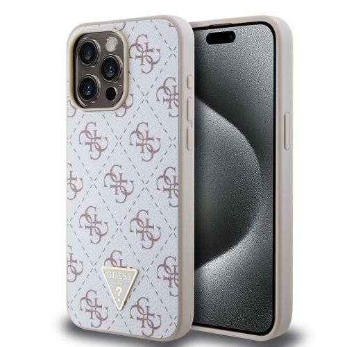 Guess PU Leather 4G Triangle Metal Logo Zadní Kryt pre iPhone 15 Pro Max White
