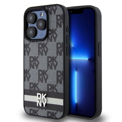DKNY PU Leather Checkered Pattern and Stripe Zadní Kryt pre iPhone 15 Pro Black